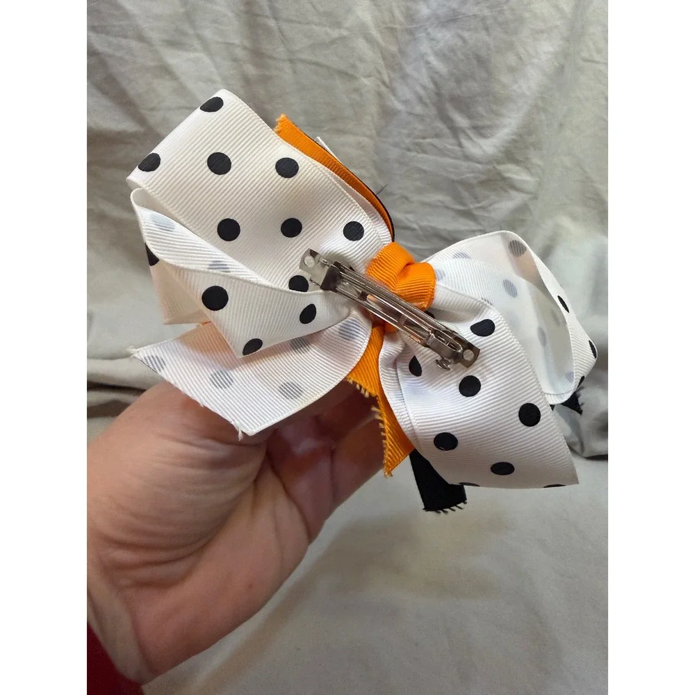Halloween Boutique Hair Bow Orange Black White Pumpkin Feather Alligator Clip
